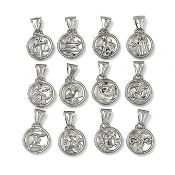 12Pcs 304 Stainless Steel Pendants, Flat Round with Constellations Charm, Platinum, 20.5x17x3.5~5mm, Hole: 3x9mm
