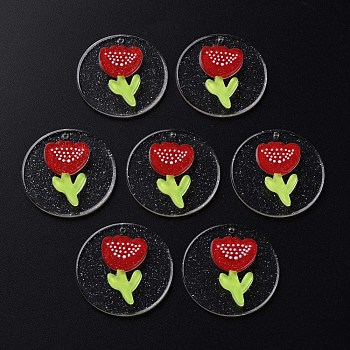 Cellulose Acetate(Resin) Pendants, with Glitter Powder, Flat Round with Tulip, Red, 30x4mm, Hole: 1.4mm