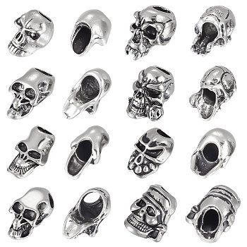 16Pcs 8 Style Outdoor EDC Tool Alloy Parachute Rope European Beads, Large Hole Beads, Skull, Antique Silver, 14.5~19x10~16x8.5~14.5mm, Hole: 4.5~6mm, 2pcs/style