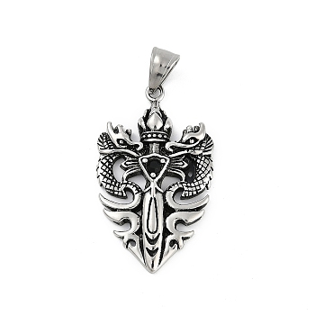 304 Stainless Steel Big Pendants, with Rhinestone, Dragon Cross Charm, Antique Silver, 44x26x5mm, Hole: 9x5mm