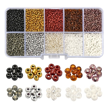 8500Pcs 10 Style Glass Seed Beads, Round, 12/0, Brown, 1.5~2.5mm, Hole: 0.5~1mm, 13g, 850pcs/style, 8500pcs/box