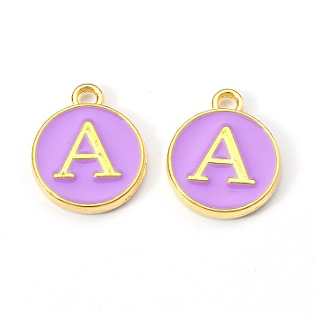 Golden Plated Alloy Enamel Charms, Enamelled Sequins, Flat Round with Letter, Medium Purple, Letter.A, 14x12x2mm, Hole: 1.5mm