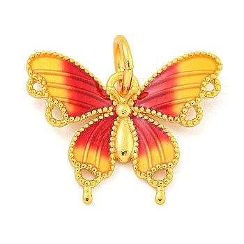 Rack Plating Brass Enamel Pendants, with Jump Ring, Long-Lasting Plated, Lead Free & Cadmium Free, Real 18K Gold Plated, Butterfly Charm, Red, 17.5x22x2.5mm, Hole: 5mm