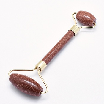 Synthetic Goldstone Brass Face Massager, Facial Rollers, Golden, 142~150x54~58x19~22mm