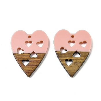 Resin and Walnut Pendants, Heart with Heart, for Valentine's Day Gift, Pink, 37.5x29x3.5mm, Hole: 1.8mm