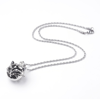 304 Stainless Steel Kitten Chain Necklaces, with Brass Pendants and Natural Lava Rock Round Beads, Cat Head, Stainless Steel Color, 21.6 inch(50.5cm)