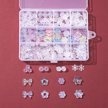 Transparent Acrylic Beads, Glitter Powder, Flower & Bowknot & Snowflake & Round & Star, Mixed Color, 8~15x7~18x2.5~10mm, Hole: 1.2~2mm, 159pcs/box