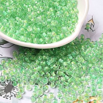 Transparent Glass Round Seed Beads, Inside Colours, Round, Spring Green, 6/0, 4x3mm, Hole: 1.2mm, about 7258pcs/pound