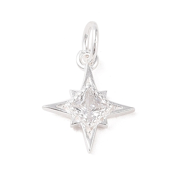 925 Sterling Silver Pave Clear Cubic Zirconia Star Charms, with Jump Rings & 925 Stamp, Silver, 12.5x10.5x2mm, Hole: 3.5mm