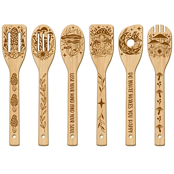 6Pcs Bamboo Spoons & Knifes & Forks, Flatware for Dessert, Mushroom, 60x300mm, 6 style, 1pc/style, 6pcs/set