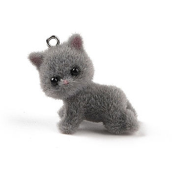Flocking Resin Cute Kitten Pendants, Cat Shape Charms with Platinum Plated Iron Loops, Gray, 28x27x28mm, Hole: 2mm