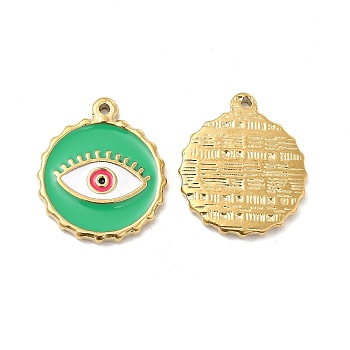 Vacuum Plating 201 Stainless Steel Enamel Pendants, Real 18K Gold Plated, Flat Round with Evil Eye Charm, Medium Sea Green, 23.5x20x2.5mm, Hole: 1.2mm