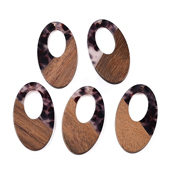 Transparent Resin and Walnut Wood Pendants, Hollow Oval Charms with Gold Foil, Coconut Brown, 49.5x28x4mm, Hole: 2mm, 