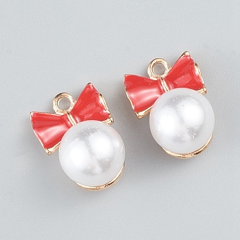 Alloy Enamel Pendants, with Resin Imitation Pearl, Round with Bowknot, Light Gold , Red, 20x14x12.5mm, Hole: 2.5mm