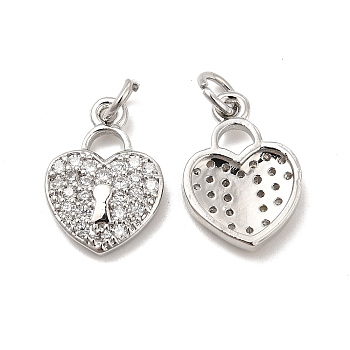 Brass Micro Pave Clear Cubic Zirconia Pendants, with Jump Ring, Heart Lock Charm, Platinum, 16x11x2.5mm, Hole: 3.5mm