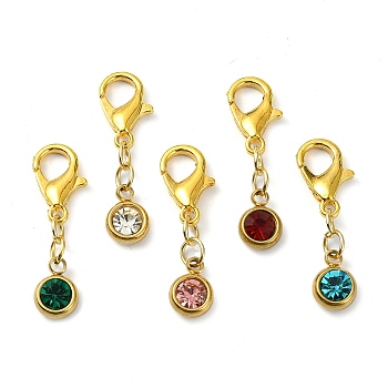 201 Stainless Steel Rhinestone Pendant Decorations, with Zinc Alloy Lobster Claw Clasps, Flat Round, Mixed Color, 24mm