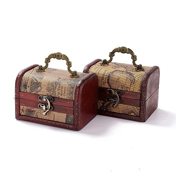 Vintage Wooden Jewelry Box, Pu Leather Decorative Treasure Chest Boxes, with Carry Handle and Latch, Rectangle with Map Pattern, Coral, 11.9x9.05x9cm