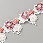 Polyester with Resin Pearl 3D Flower Embroidery Ribbon, Lace Trim for Clothes Accessories, Flamingo, 2-1/8 inch(55mm)(OCOR-WH0078-510)