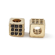 Real 18K Gold Plated Brass Micro Pave Cubic Zirconia Beads, Cube, Black, 6.5x6.5x6mm, Hole: 3mm(KK-E068-VB466-2)
