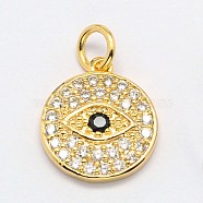 Flat Round with Evil Eye Brass Micro Pave Cubic Zirconia Charms, Cadmium Free & Nickel Free & Lead Free, Real 18K Gold Plated, 13x12x2mm, Hole: 3mm(X-ZIRC-F017-07G)