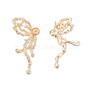 Brass Stud Earring Findings, for Half Drilled Beads, with Clear Cubic Zirconia, Cadmium Free & Nickel Free & Lead Free, Butterfly, Real 18K Gold Plated, 40x19mm, Pin: 0.7mm and 1mm(for half drilled bead)(KK-N232-428LG)
