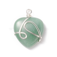 Natural Green Aventurine Pendants, with Silver Tone Copper Wire Wrapped, Heart, 39~41x30~30.5x8.5~9.5mm, Hole: 4~4.2mm(PALLOY-JF01663-02)