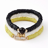 3Pcs 3 Styles Polymer Clay Heishi Beads Stretch Bracelets Sets, Stackable Bracelets, with Cat Eye Beads, Brass Beads & Oval Links, Mixed Color, Inner Diameter: 2-1/4~2-1/2 inch(5.7~6.4cm), 1pc/style(BJEW-JB05921)