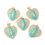 Rack Plating Brass Micro Pave Cubic Zirconia with Synthetic Opal Pendants, with Jump Ring, Lead Free & Cadmium Free, Long-Lasting Plated, Heart with Saint, Real 18K Gold Plated, 20.5x20x4.2mm, Hole: 4.7x4.4mm(KK-D088-30G)