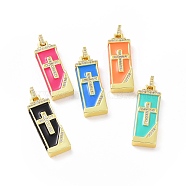 Brass Micro Pave Cubic Zirconia Enamel Pendants, Rectangle with Religion Cross Pattern Charm, Golden, Mixed Color, 34.5x12x5mm, Hole: 2x4mm(KK-G460-04G)