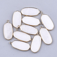 Natural White Jade Pendants, with Brass Findings, Oval, Golden, 36~37x15~16x3~4mm, Hole: 2mm(G-T112-23K)