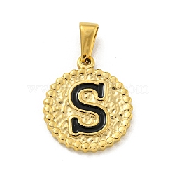 Ion Plating(IP) 304 Stainless Steel Enamel Pendants, Golden, Flat Round with Letter Charm, Letter S, 21x18x2mm, Hole: 8x3.5mm(STAS-R231-19S-G)