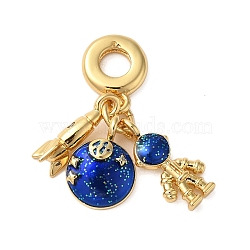 Rack Plating Brass Blue Enamel European Dangle Charms, Rocket & Planet & Spaceman Large Hole Pendants, Cadmium Free & Lead Free, Long-Lasting Plated, Real 18K Gold Plated, 28mm, Hole: 5mm(KK-P279-31G)