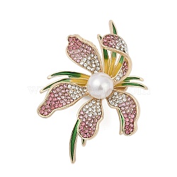 Orchid Enamel Pins, Alloy Rhinestone Brooches for Backpack Clothes, with Plastic Pearl, Flamingo, 56.5x40.5mm(PALLOY-D361-21G-01)