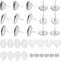 Unicraftale 188Pcs Heart & Oval & Teardrop 304 Stainless Steel Ear Stud Findings, with Stainless Steel Ear Nuts and Transparent Glass Heart Cabochons, for DIY Ear Stud Making, Mixed Color, 11x12x1.5mm(DIY-UN0002-74)