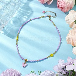 Glass Seed Beads & Flower Handmade Lampwork Beaded Necklaces, Alloy Acrylic Butterfly Pendant Necklaces, Lilac, 15.94 inch(40.5cm)(NJEW-MZ00065-04)