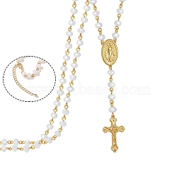 Glass Rosary Bead Necklace, Golden Brass Cross & Jesus Pendant Necklace, White, 19.69 inch(50cm)(WG16378-02)