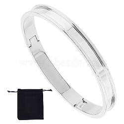 1Pc Stainless Steel Grooved Bangles, DIY Leather Inlay Bangles, with 1Pc Velvet Pouches, Stainless Steel Color, Inner Diameter: 2-1/2x2-1/8 inch(6.3x5.5cm)(STAS-UN0042-50A-P)