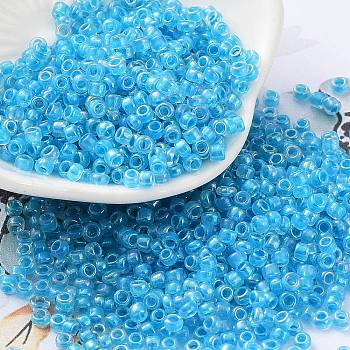 8/0 Glass Seed Beads, Inside Colours, Round Hole, Round, Transparent Colours Rainbow, Royal Blue, 8/0, 3~4x2~3mm, Hole: 0.8mm, about 15000pcs/bag