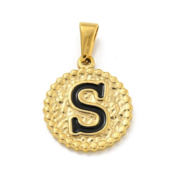 Ion Plating(IP) 304 Stainless Steel Enamel Pendants, Golden, Flat Round with Letter Charm, Letter S, 21x18x2mm, Hole: 8x3.5mm