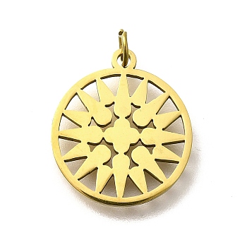 304 Stainless Steel Pendants, with Jump Ring, Flat Round with Sun Charm, Laser Cut, Ion Plating(IP), Real 18K Gold Plated, 17x15x1mm, Hole: 3mm