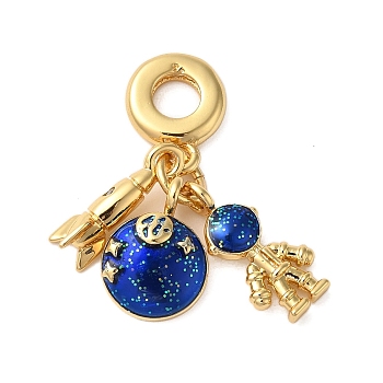 Rack Plating Brass Blue Enamel European Dangle Charms, Rocket & Planet & Spaceman Large Hole Pendants, Cadmium Free & Lead Free, Long-Lasting Plated, Real 18K Gold Plated, 28mm, Hole: 5mm