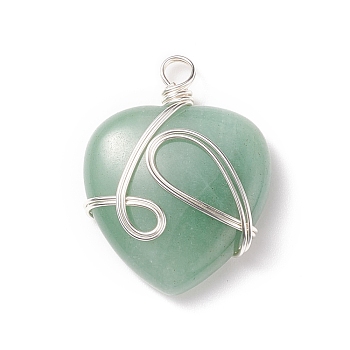 Natural Green Aventurine Pendants, with Silver Tone Copper Wire Wrapped, Heart, 39~41x30~30.5x8.5~9.5mm, Hole: 4~4.2mm