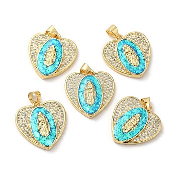Rack Plating Brass Micro Pave Cubic Zirconia with Synthetic Opal Pendants, with Jump Ring, Lead Free & Cadmium Free, Long-Lasting Plated, Heart with Saint, Real 18K Gold Plated, 20.5x20x4.2mm, Hole: 4.7x4.4mm