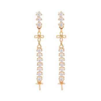 Brass Micro Pave Clear Cubic Zirconia Stud Earring Findings, for Half Drilled Beads, Nickel Free, Chinese Knot, Real 18K Gold Plated, 36x4.5mm, Pin: 0.6mm, pin: 0.6mm(for half drilled beads)