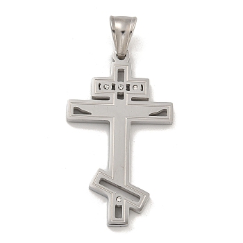 304 Stainless Steel Pendants, with Crystal Rhinestones, Cross Charm, Stainless Steel Color, 42x24.5x3mm, Hole: 7x5mm