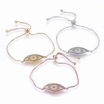 Adjustable Brass Micro Pave Cubic Zirconia Bolo Bracelets, Slider Bracelets, Eye, Colorful, Mixed Color, 10-5/8 inch(27cm), 1.2mm