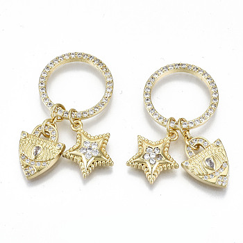 Brass Micro Pave Clear Cubic Zirconia Pendants, Nickel Free, Rings with Triangle with Star, Real 16K Gold Plated, 39mm, Ring: 19.5x2mm, 15.5mm Inner Diameter, Triangle: 15.5x12x3mm, Star: 15x13.5x3mm