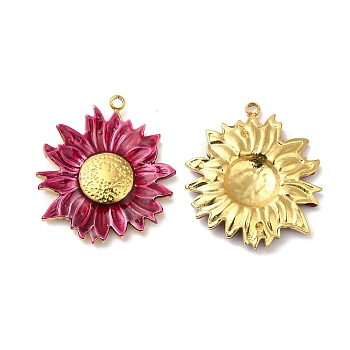 Real 18K Gold Plated 304 Stainless Steel Pendants, with Enamel, Flower Charm, Medium Violet Red, 23.5x20.5x3mm, Hole: 1.4mm
