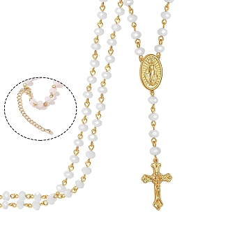 Glass Rosary Bead Necklace, Golden Brass Cross & Jesus Pendant Necklace, White, 19.69 inch(50cm)