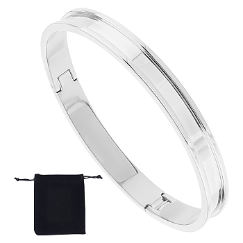 1Pc Stainless Steel Grooved Bangles, DIY Leather Inlay Bangles, with 1Pc Velvet Pouches, Stainless Steel Color, Inner Diameter: 2-1/2x2-1/8 inch(6.3x5.5cm)